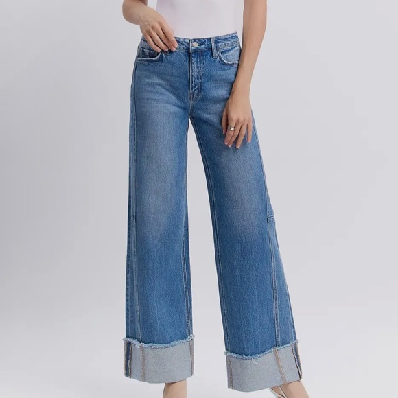 High Rise Double Cuffed Baggy Wide Jeans - Vervet By Flying Monkey